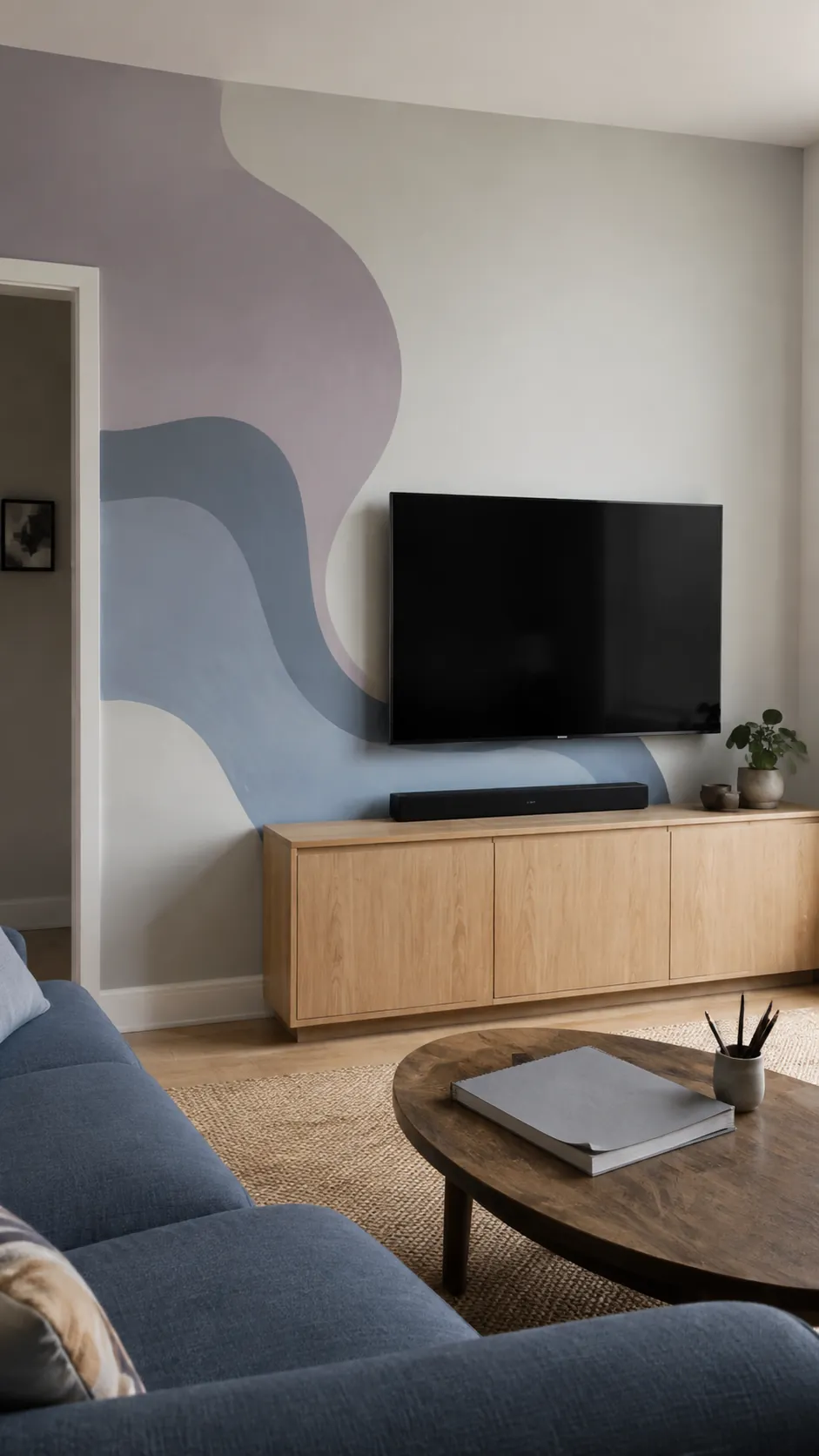 A restrained abstract painted mural behind a television in a lived in room