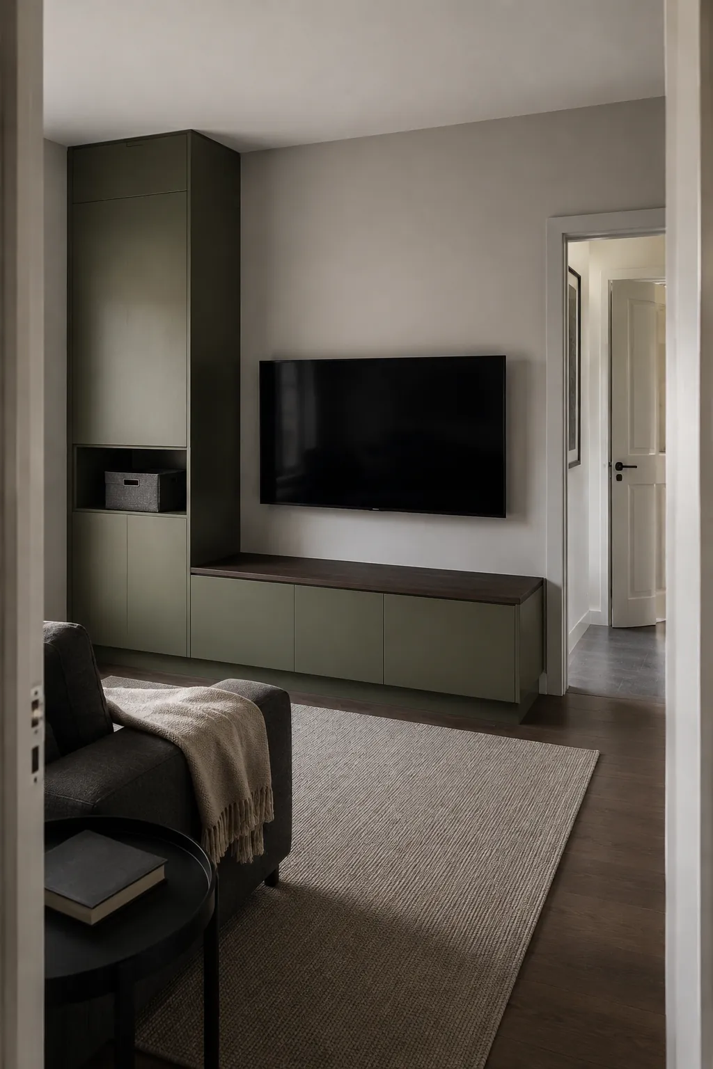 An asymmetric storage tower in a practical built in television wall