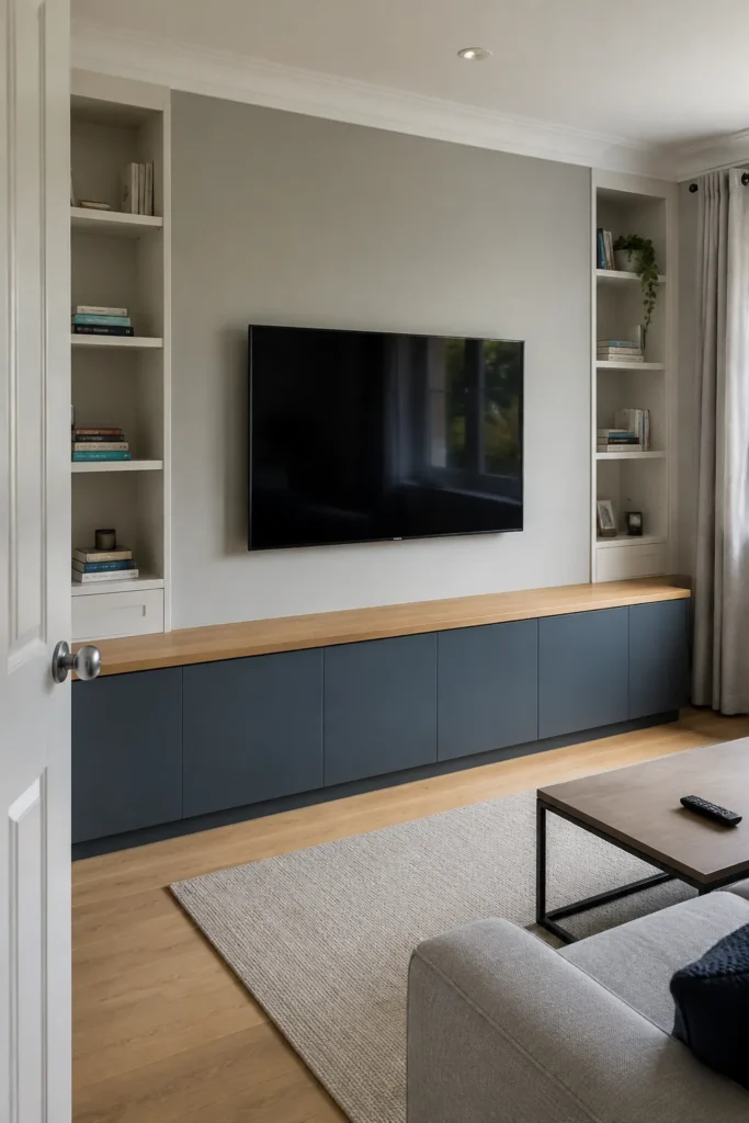 Practical fitted television wall with blue lower cabinets and white shelves