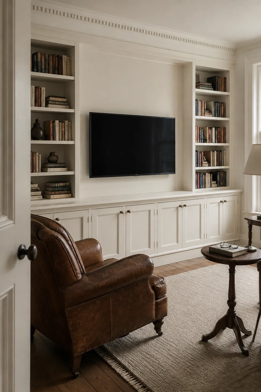 A library wall with a quiet center in a practical built in television wall