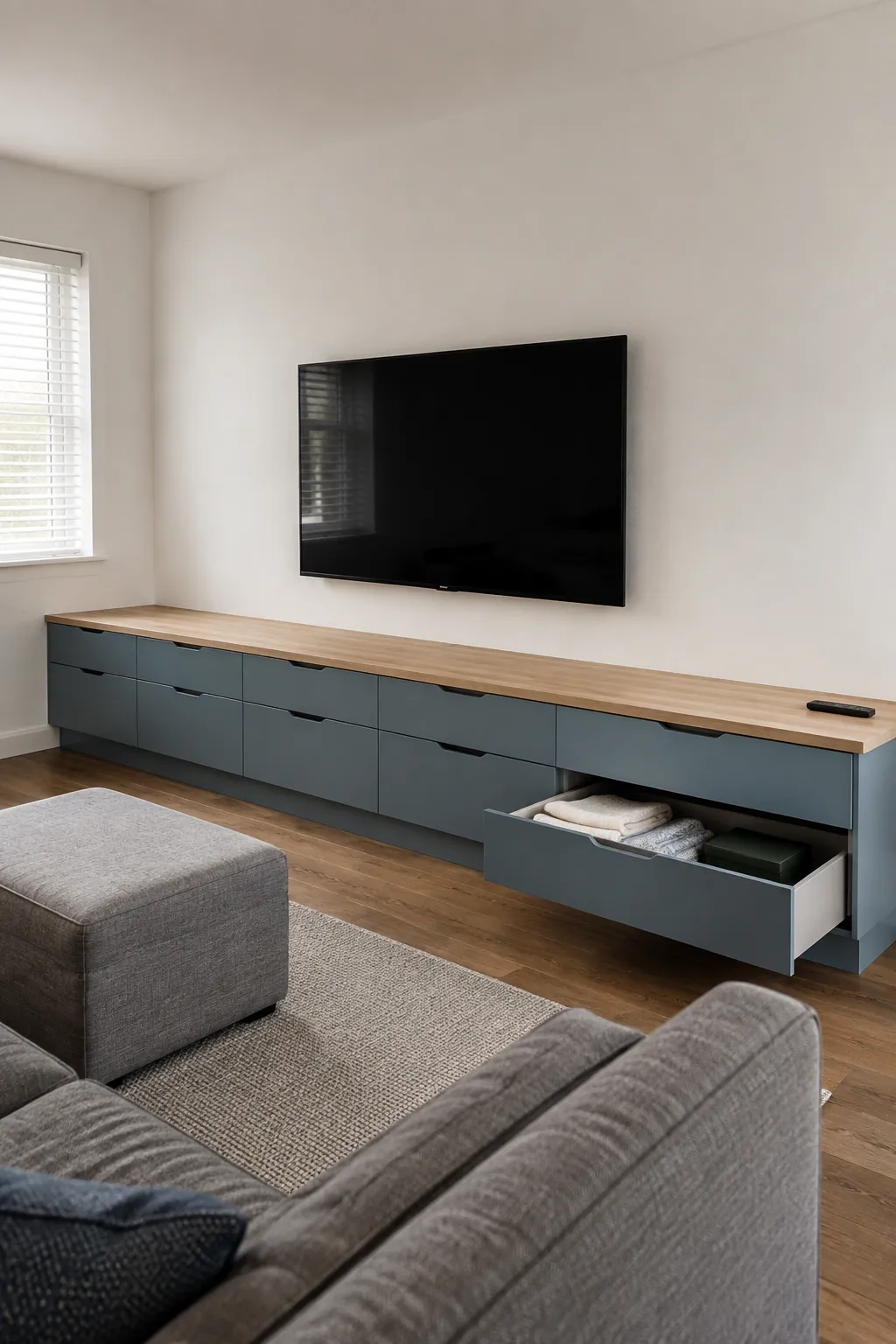 A long bank of low drawers in a practical built in television wall