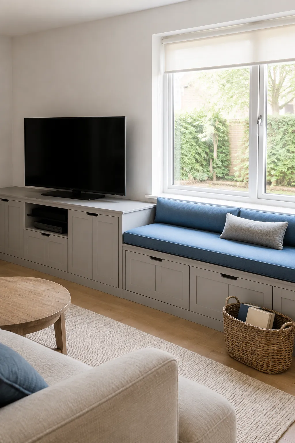 A media unit that meets a window seat in a practical built in television wall