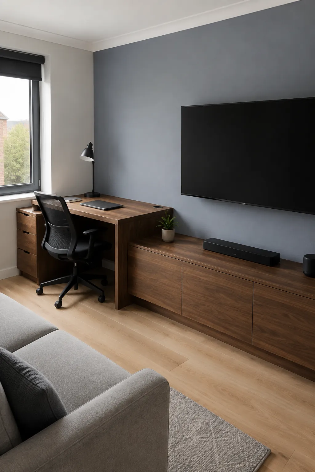 A discreet desk at one end in a practical built in television wall