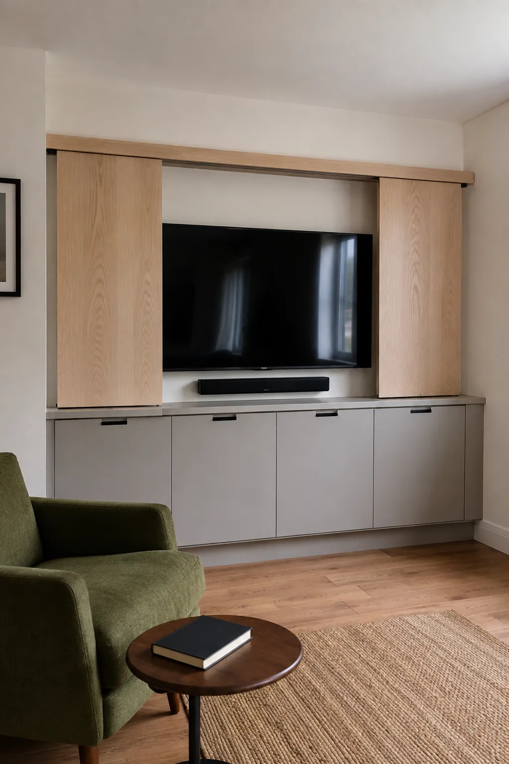 Sliding panels that conceal the screen in a practical built in television wall