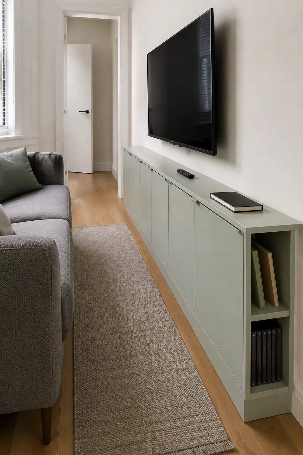 Shallow storage for a narrow room in a practical built in television wall
