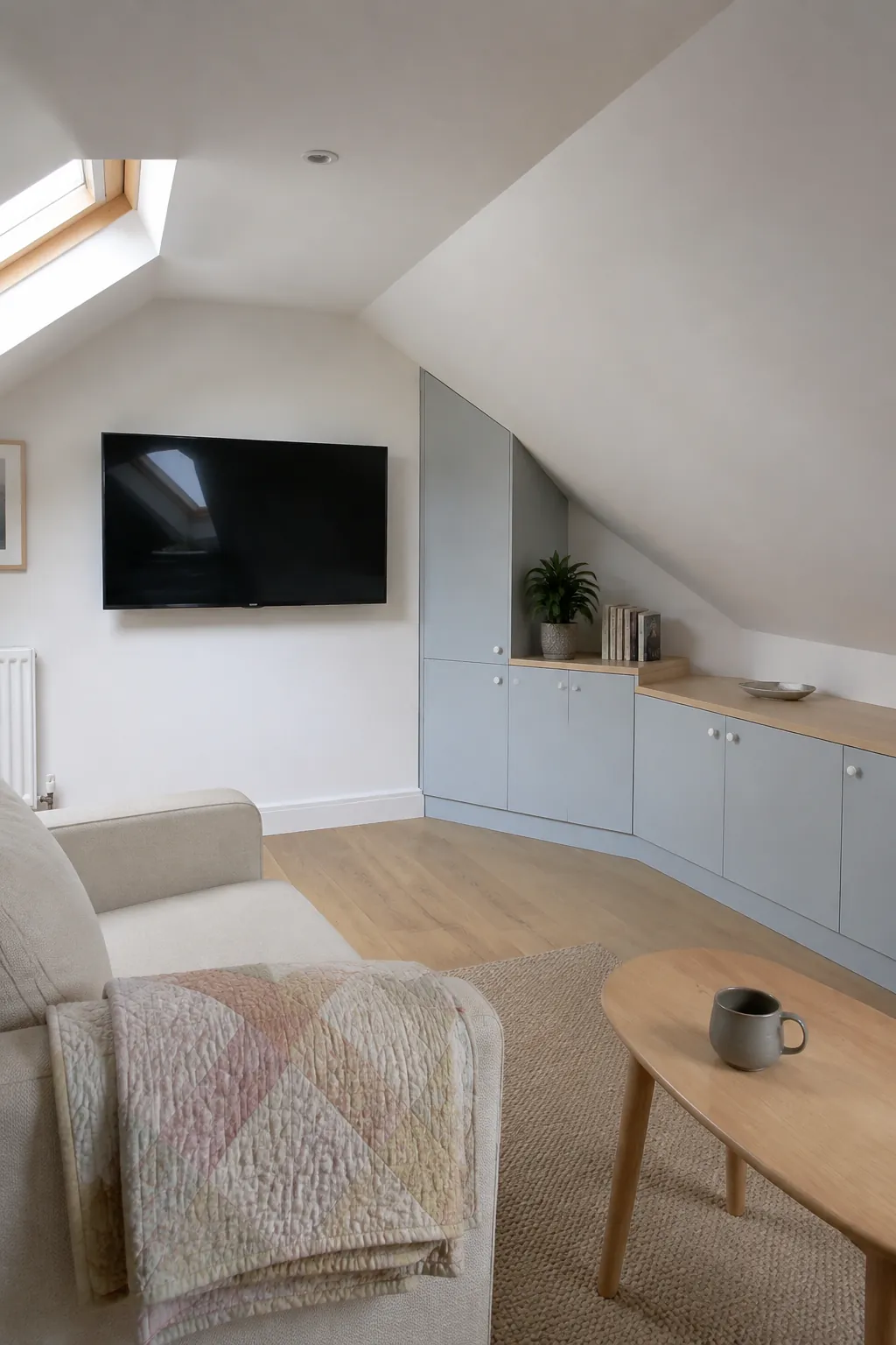 Cabinetry shaped to a sloping ceiling in a practical built in television wall