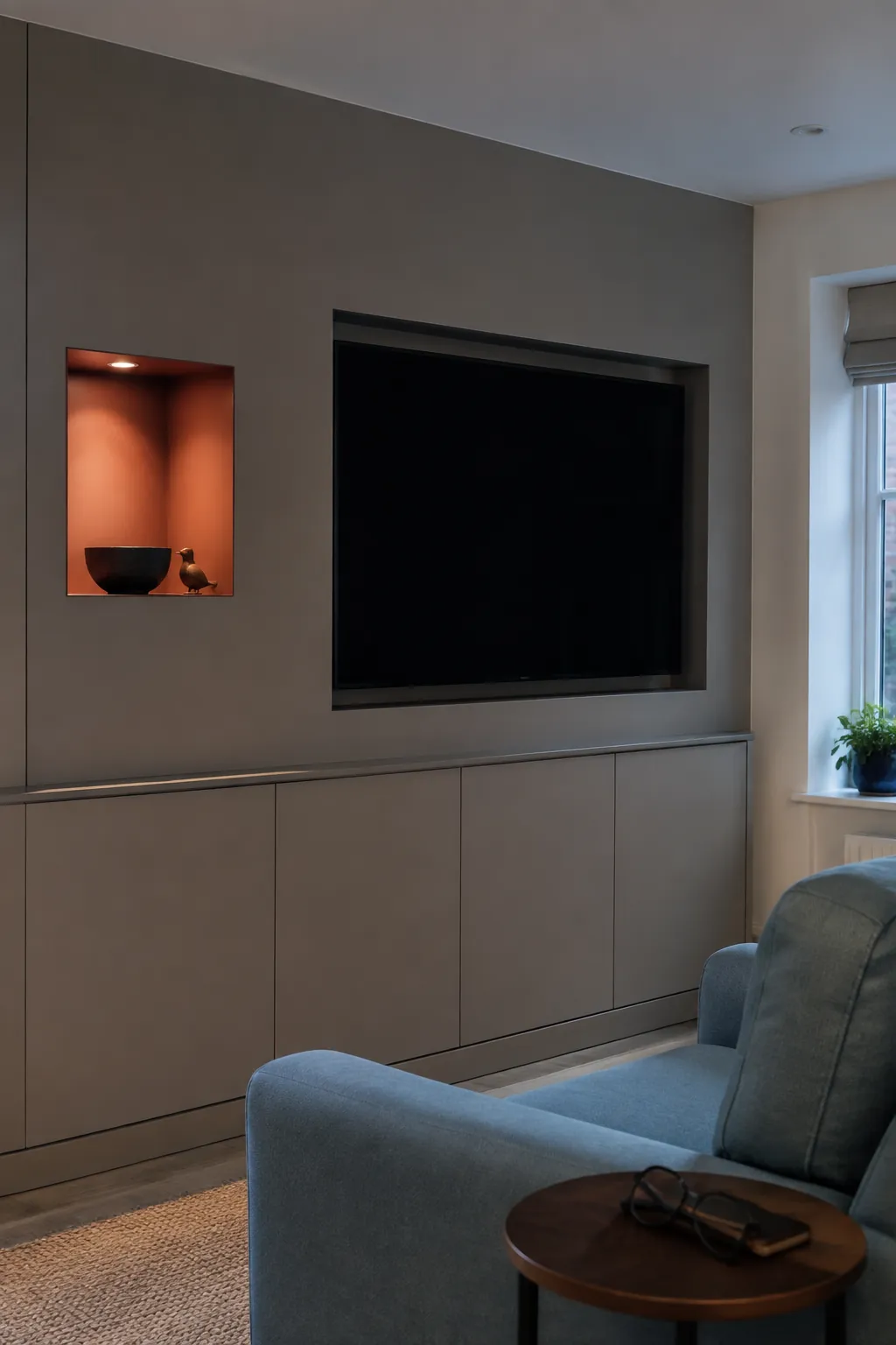 A small display niche away from the screen in a practical built in television wall