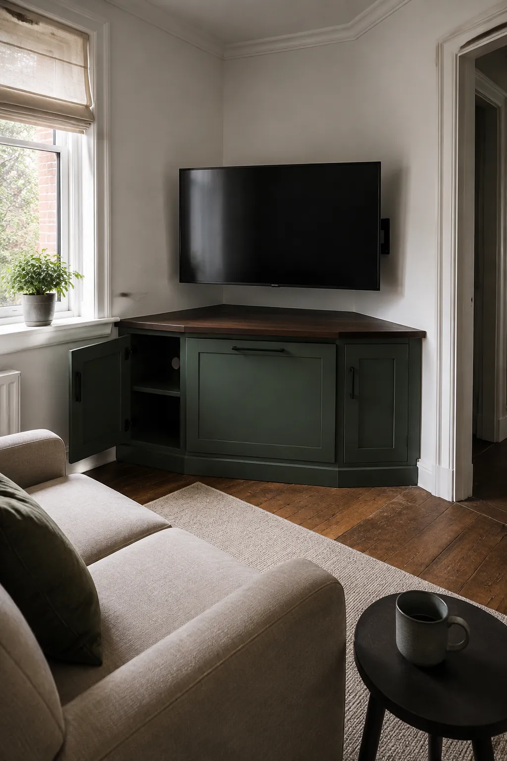 A fitted corner media unit in a practical built in television wall