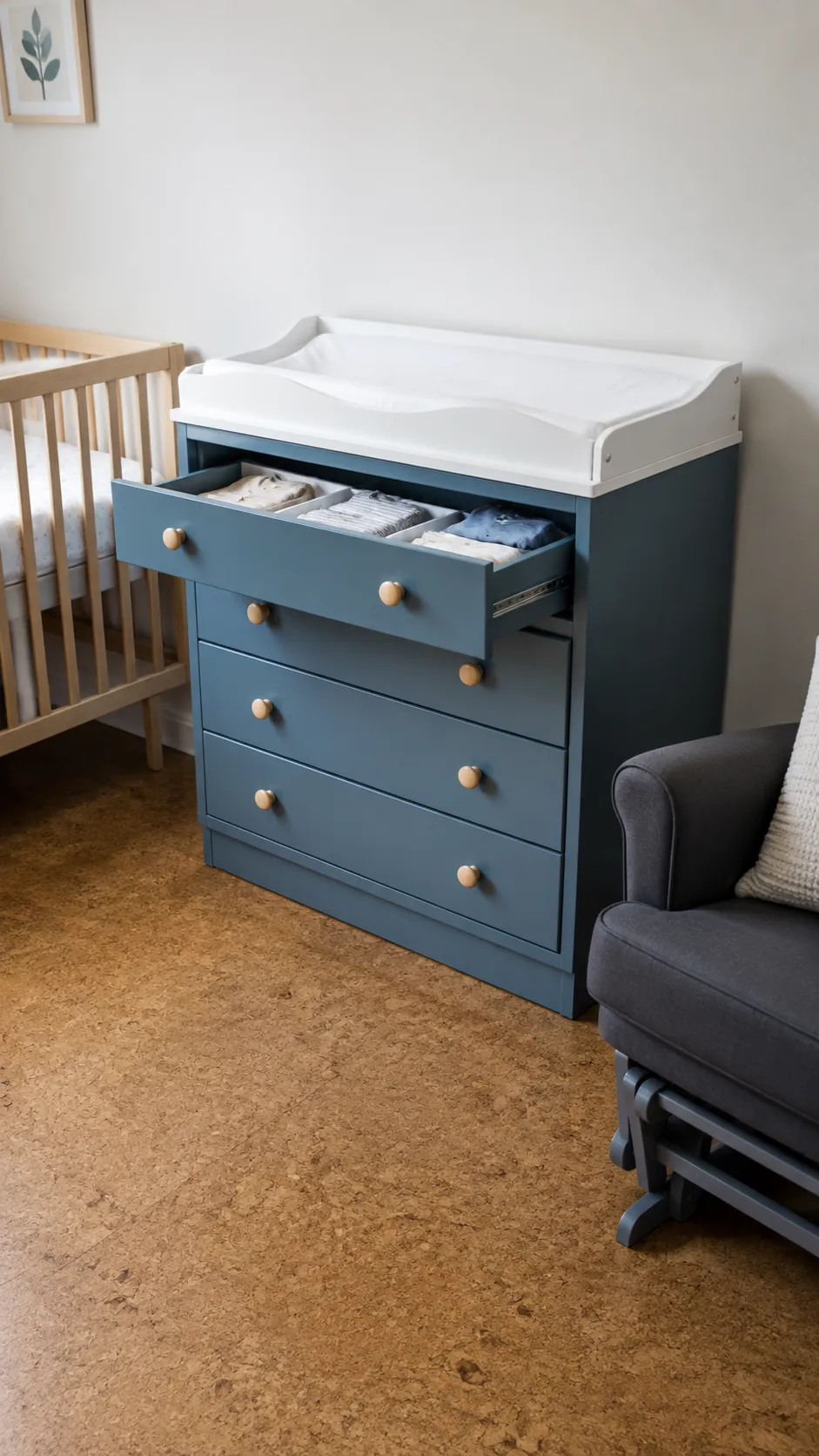 Document a dresser that performs clothing storage and changing duties within one practical footprint, freeing the adjacent floor for circulation