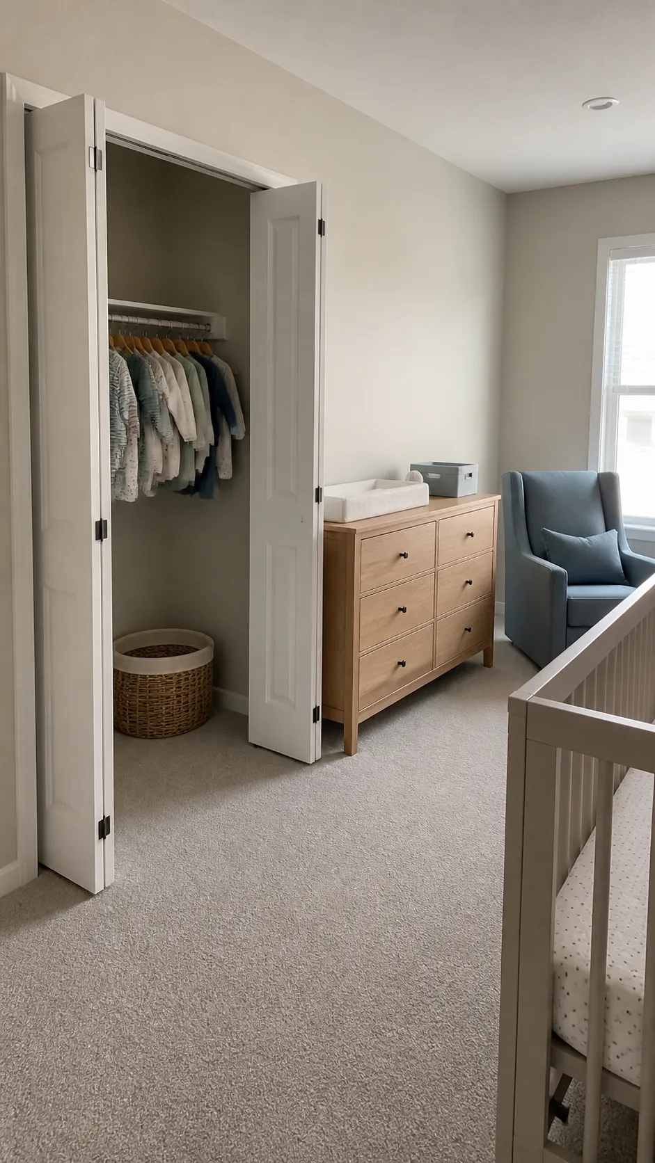Show a nursery arrangement that respects the full opening of a closet, with furniture placed beyond the door travel rather than crowding the access