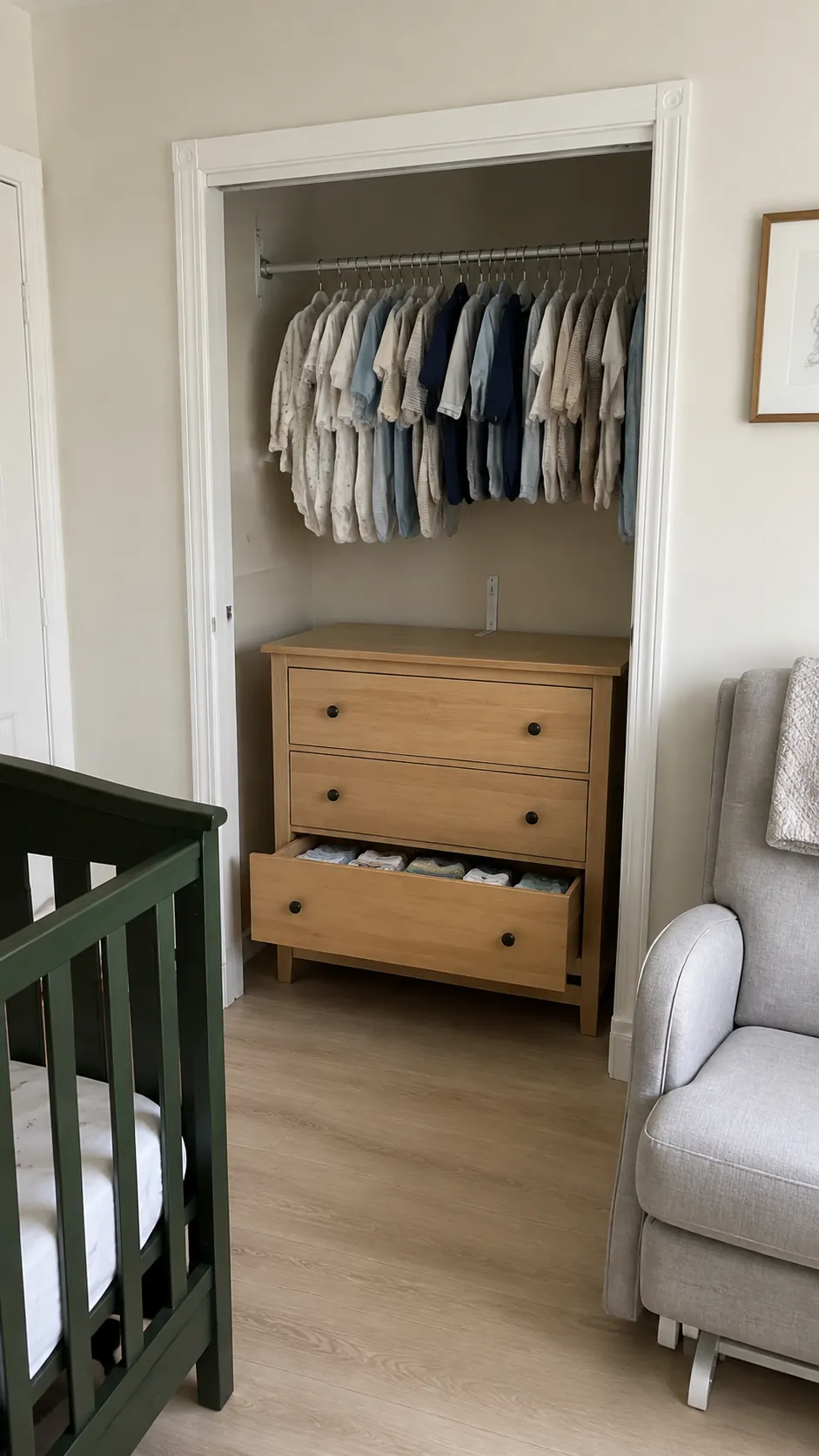 Document a clothes dresser positioned within a suitable open closet, releasing the adjacent room wall while keeping the sleep area outside the closet