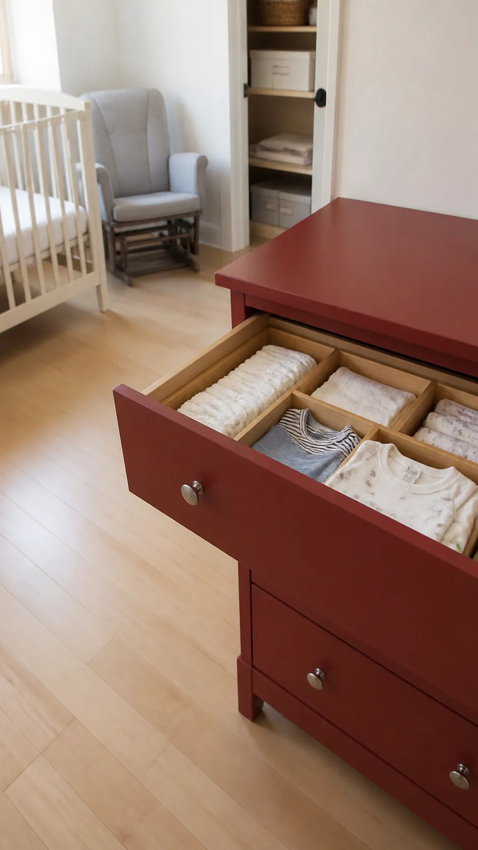 Show everyday nursery supplies consolidated in a dresser zone so the crib approach and glider mechanism remain free of small storage obstacles