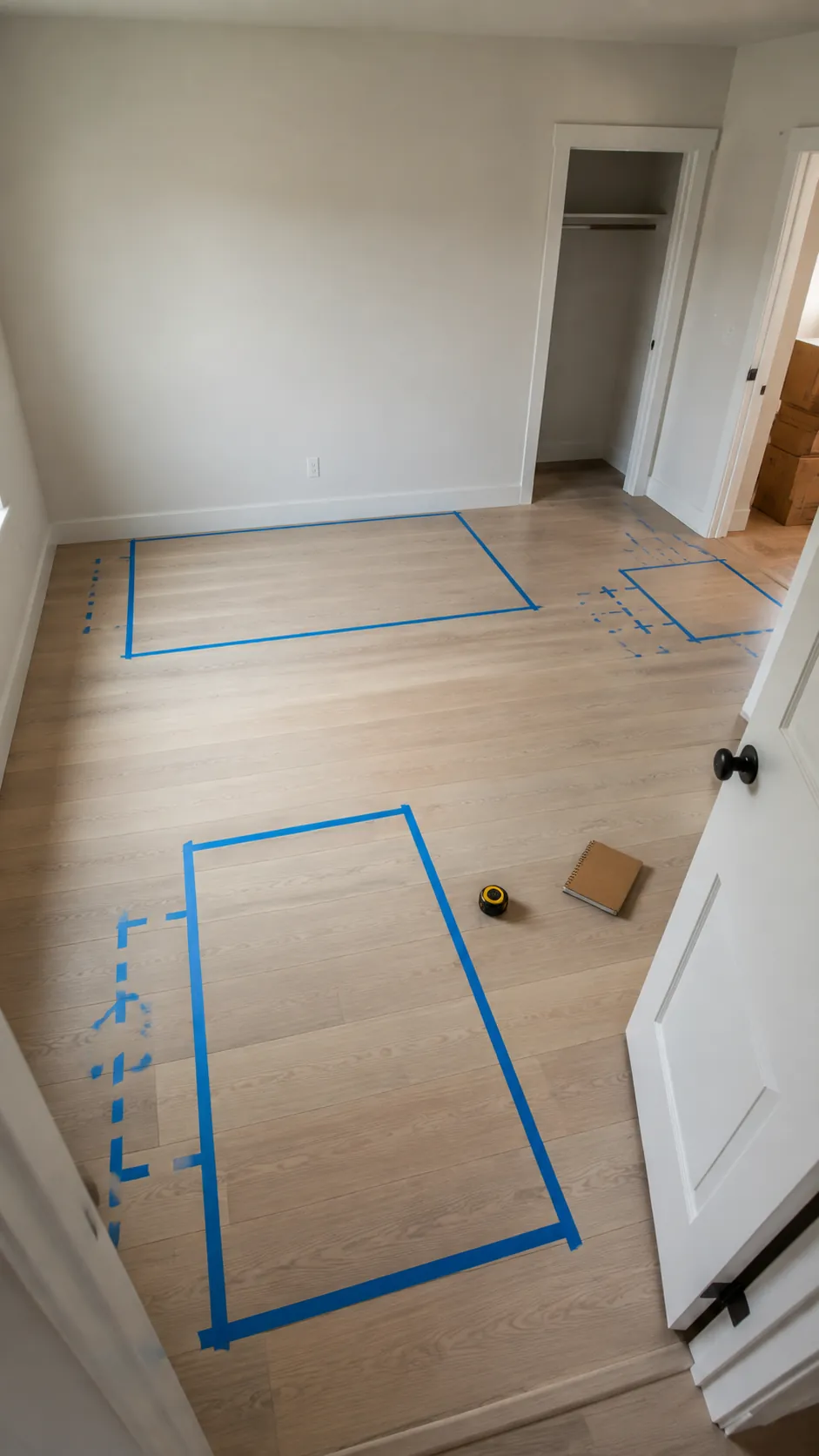 Capture a nursery layout being tested with removable floor tape before heavy furniture is moved into final positions