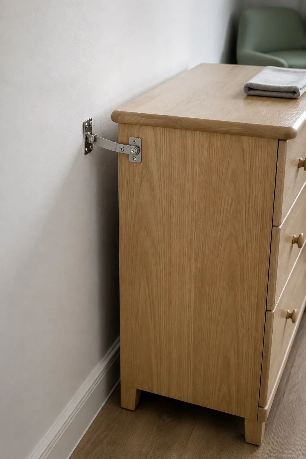 Show the rear corner of a nursery dresser with a properly fitted anti tip restraint as the focal detail
