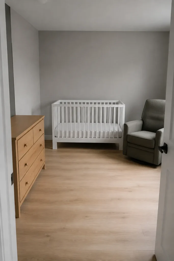 Nursery furniture arranged with clear crib access and separate care zones