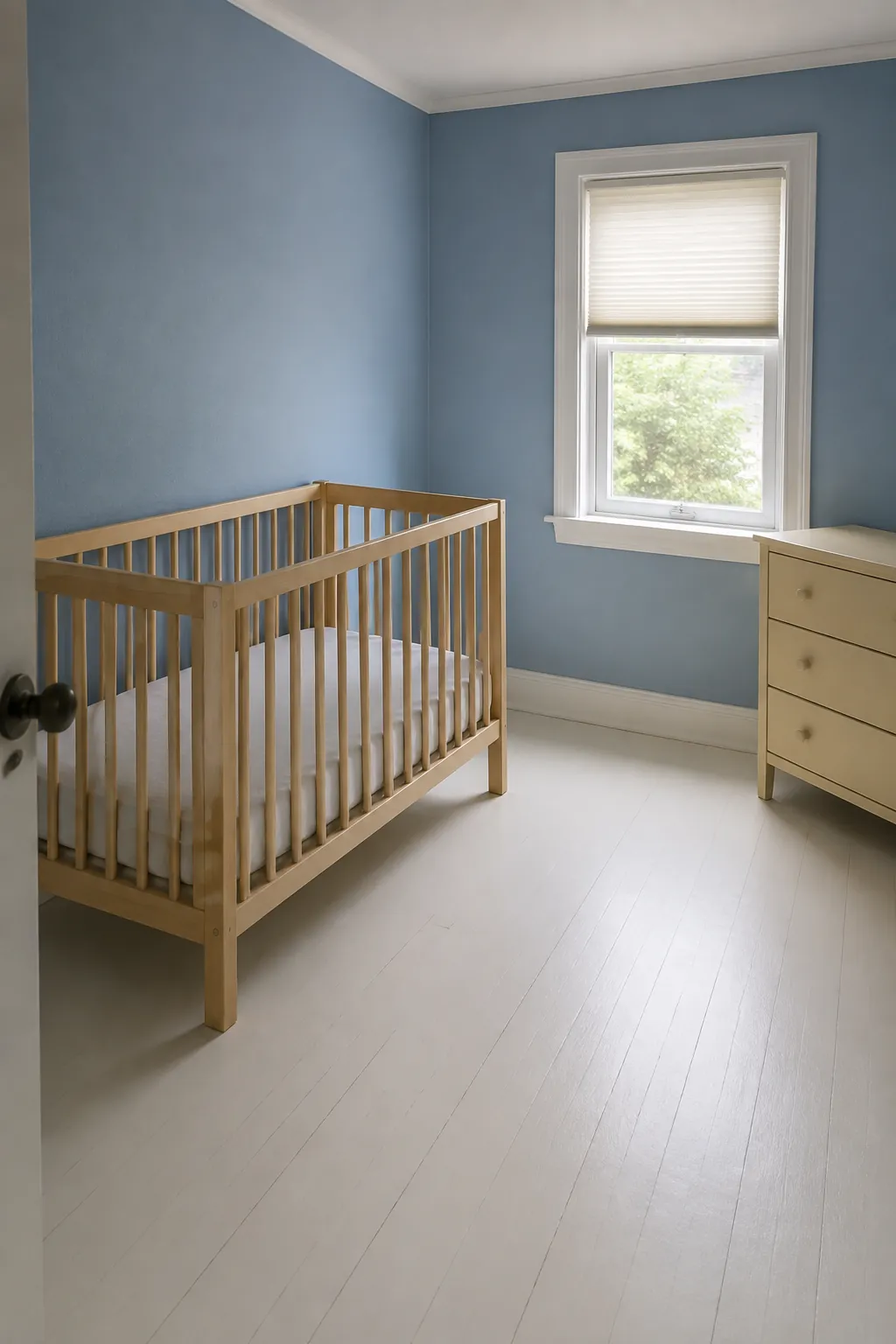 Photograph the corrected choice of a solid interior crib wall, clearly separated from a window on another side of a small nursery