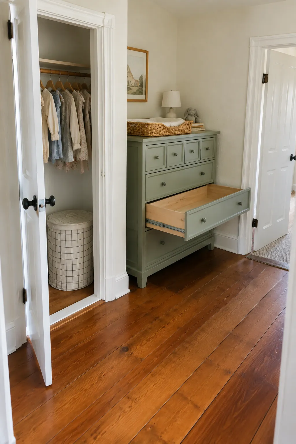 Photograph a nursery dresser and closet opening arranged so both can be used without colliding