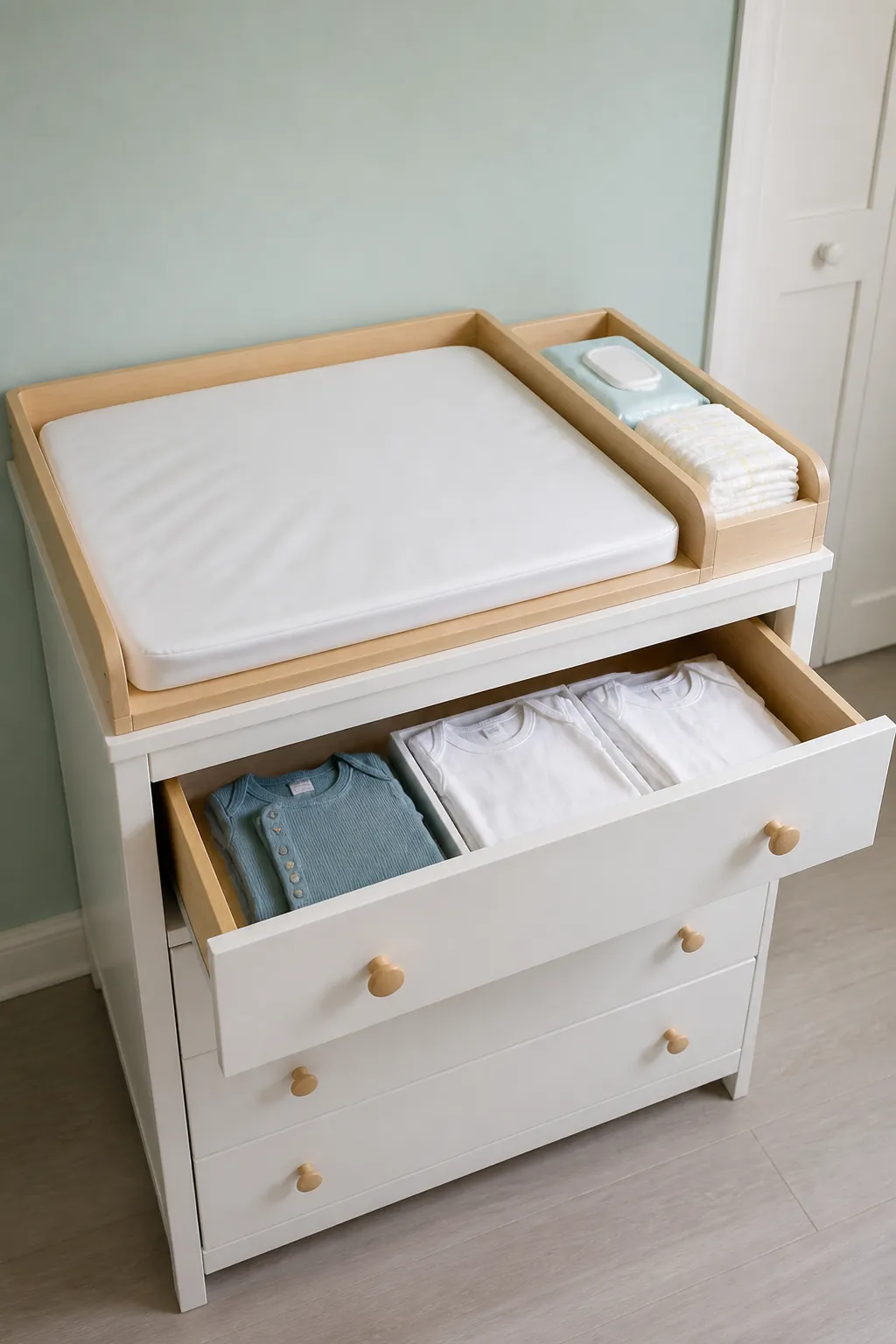 Show a changing station with a small amount of daily supplies within the caregiver’s immediate working area