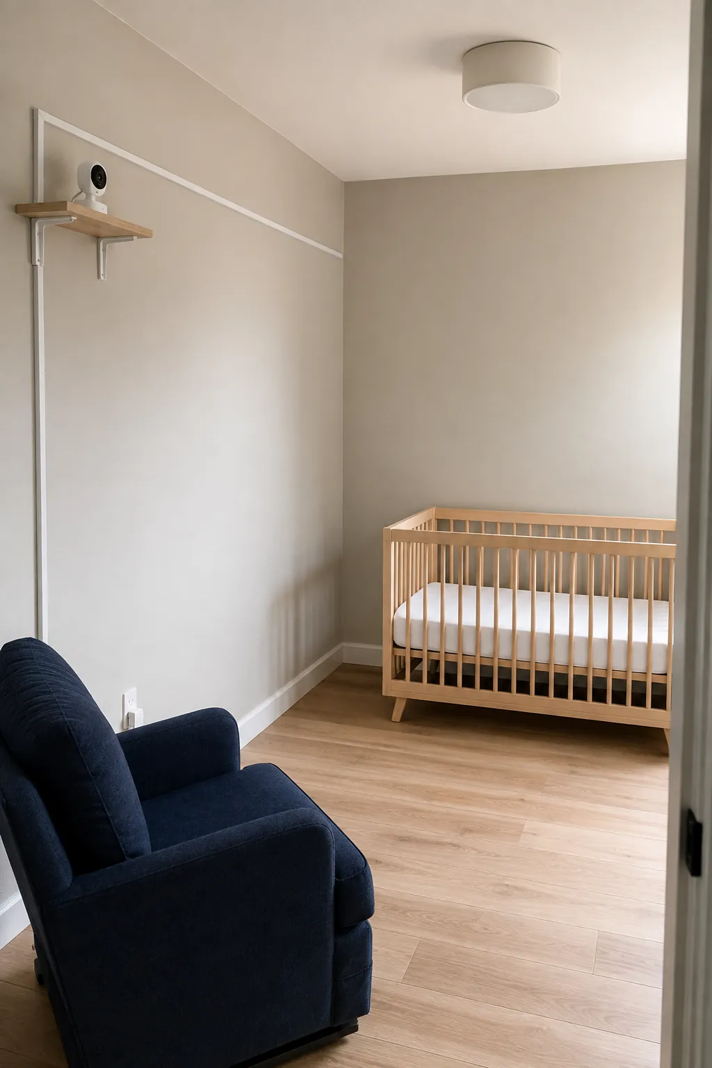 Show a nursery monitor installed well away from the crib, with its cable secured out of reach along the adult care wall