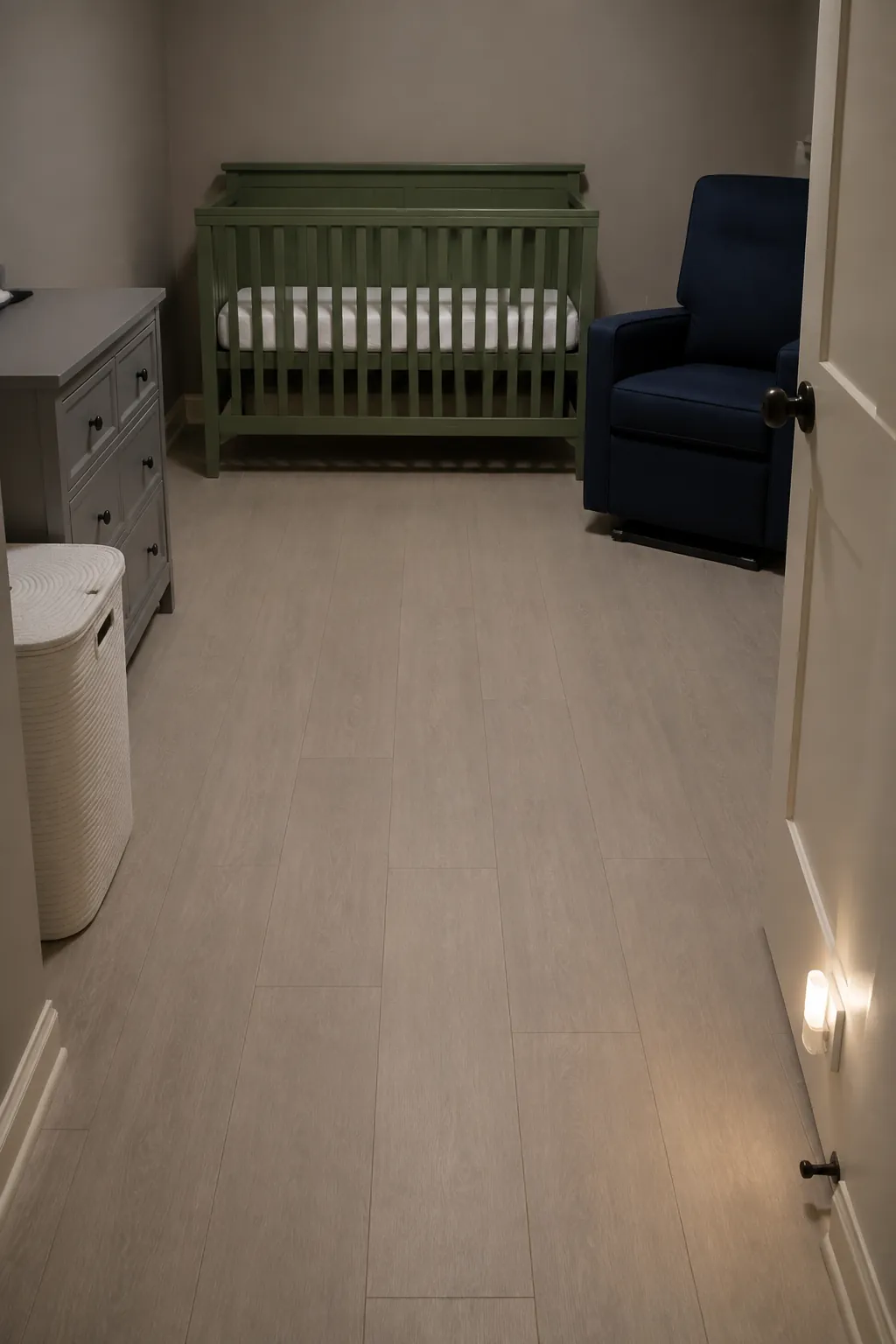Illustrate a clear nighttime walking route in a small nursery after loose storage has been moved out of the way