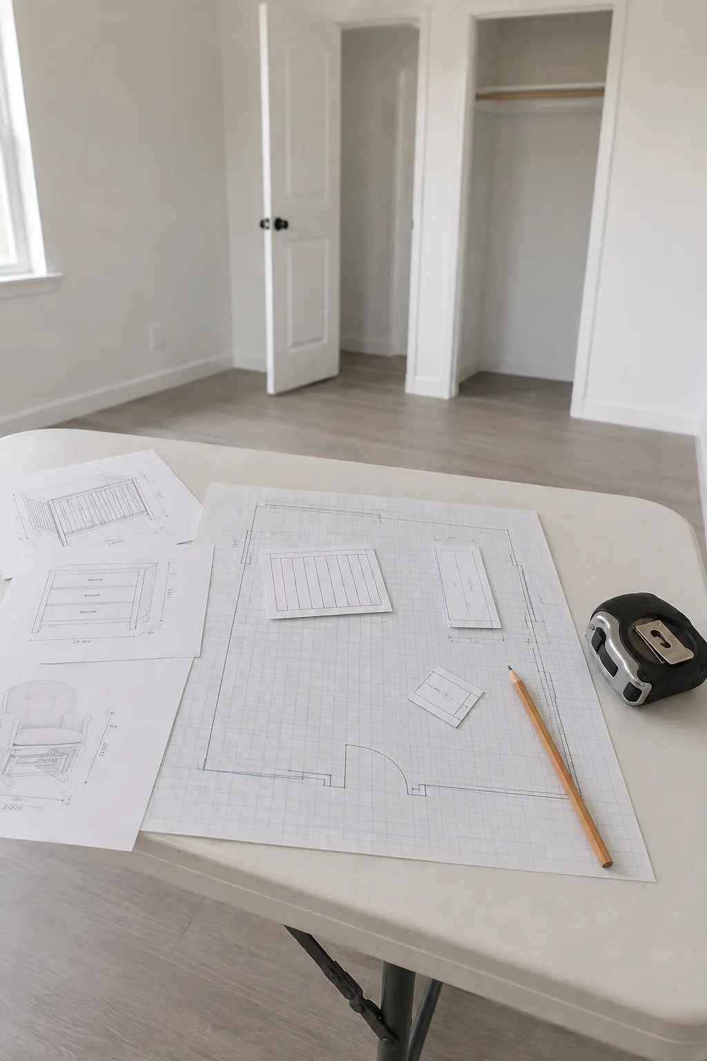 Photograph the practical act of comparing nursery furniture dimensions before purchase, using physical paper plans and a tape measure in an empty room