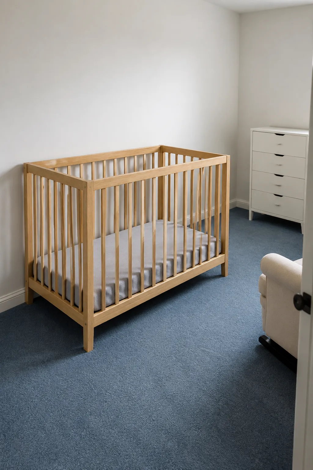 Show a nursery prepared for a more mobile baby by emphasizing a crib mattress lowered according to the product design and a clear surrounding zone