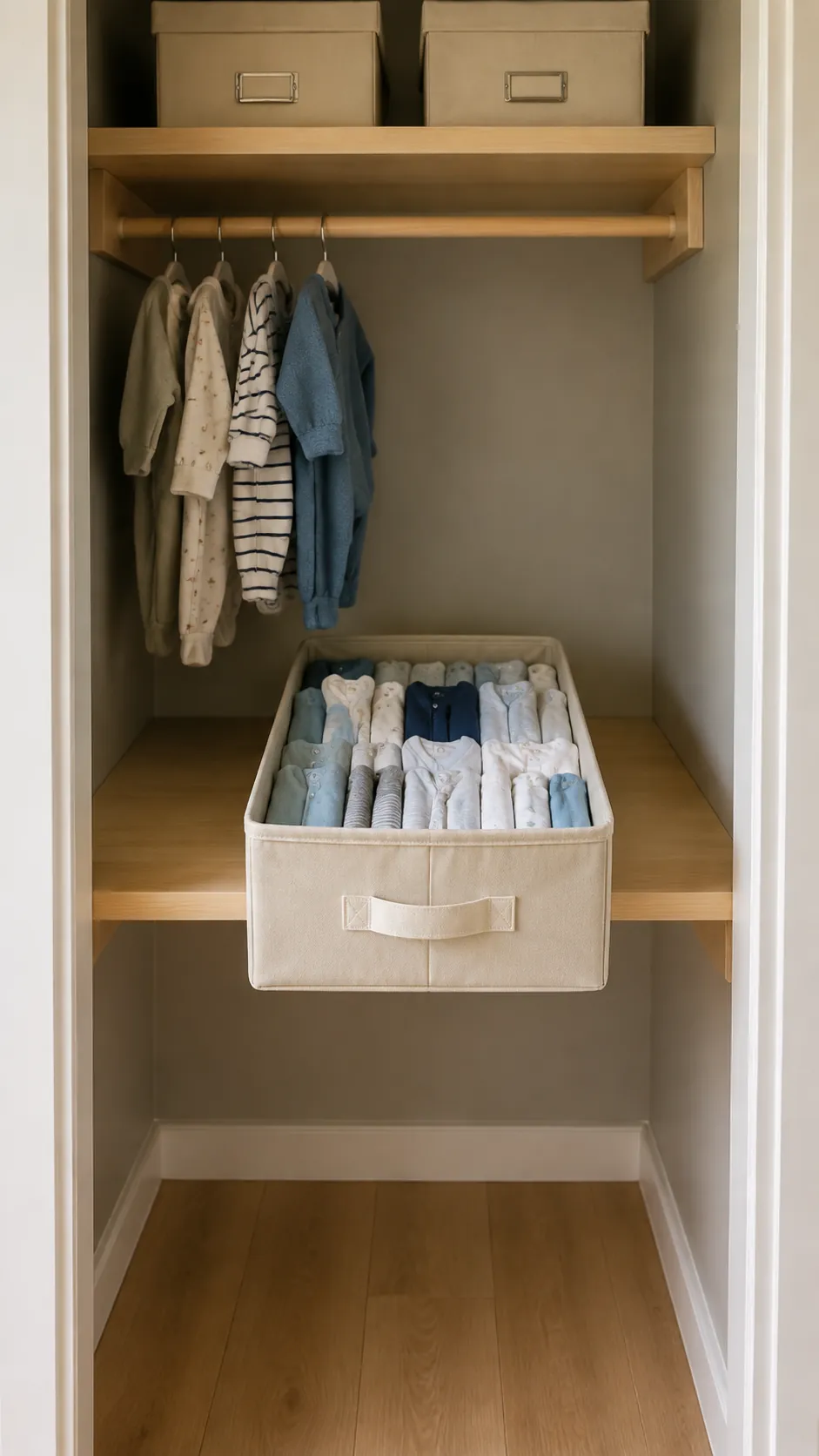 Show the most accessible shelf of a small nursery closet reserved for the clothes currently being worn