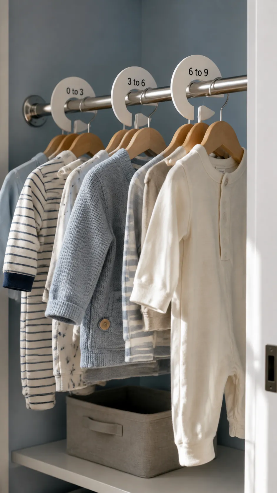 Photograph physical size dividers on a nursery clothes rail, showing how small groups of garments remain distinct and easy to browse
