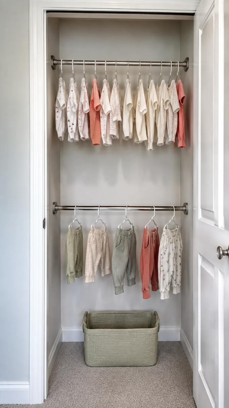 Show a second securely installed rail making useful use of vertical space beneath short baby garments