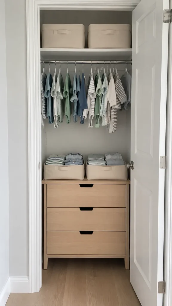 Small nursery closet with organized baby clothes shelves and drawers
