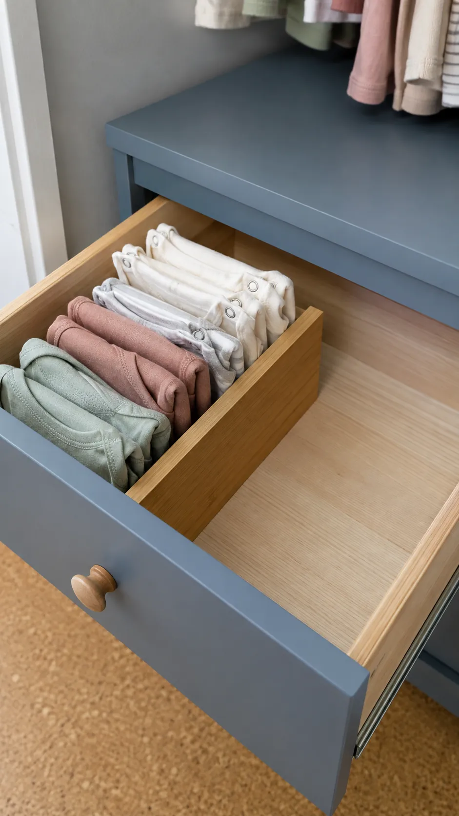 Capture upright folded everyday bodysuits inside a shallow nursery drawer so each garment can be seen without lifting a stack