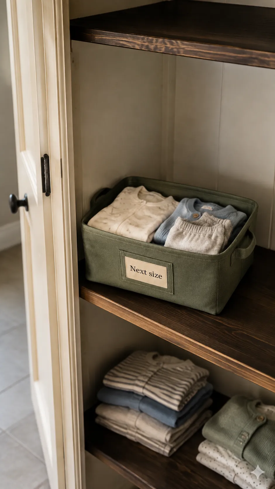 Show a small basket holding only the next useful clothing size, ready to move into daily rotation