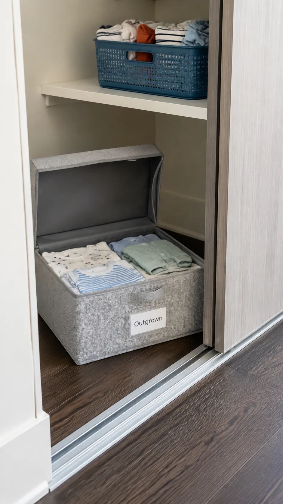 Photograph a small outgrown clothing bin at the lower edge of a nursery closet, showing a clear exit destination for clean garments that no longer fit