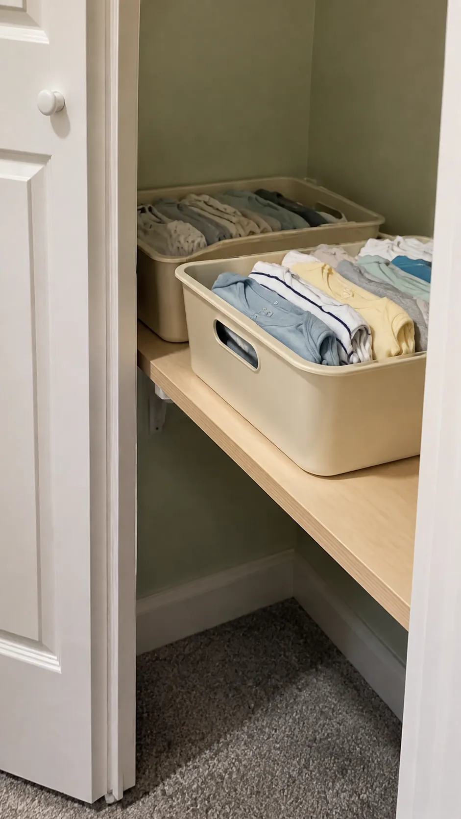 Show shallow storage bins fitted correctly to a shallow nursery closet shelf, with their fronts supported and enough finger room above