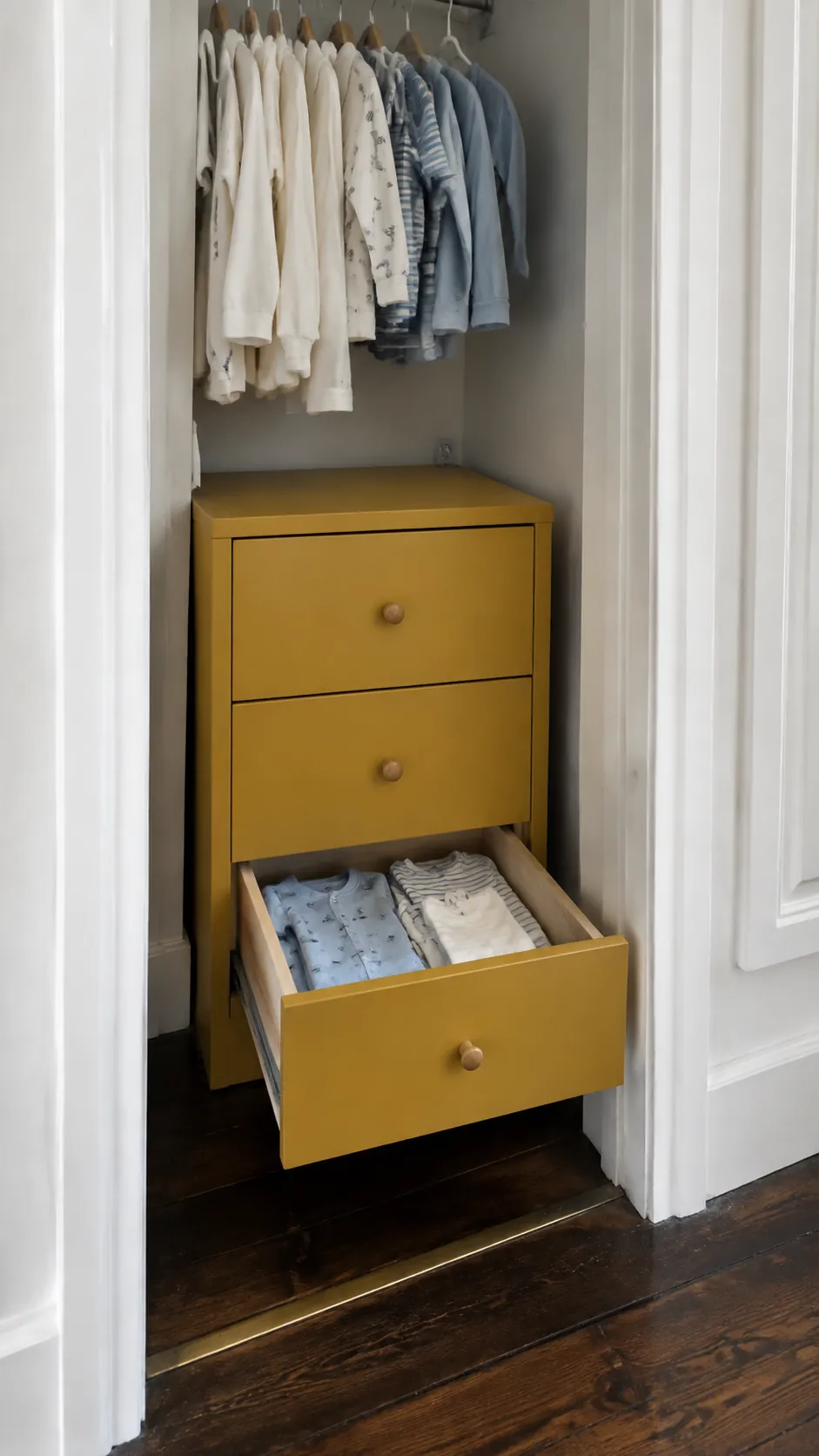 Photograph a compact drawer unit fitted below short hanging nursery clothes, showing that drawers can open fully within the closet doorway