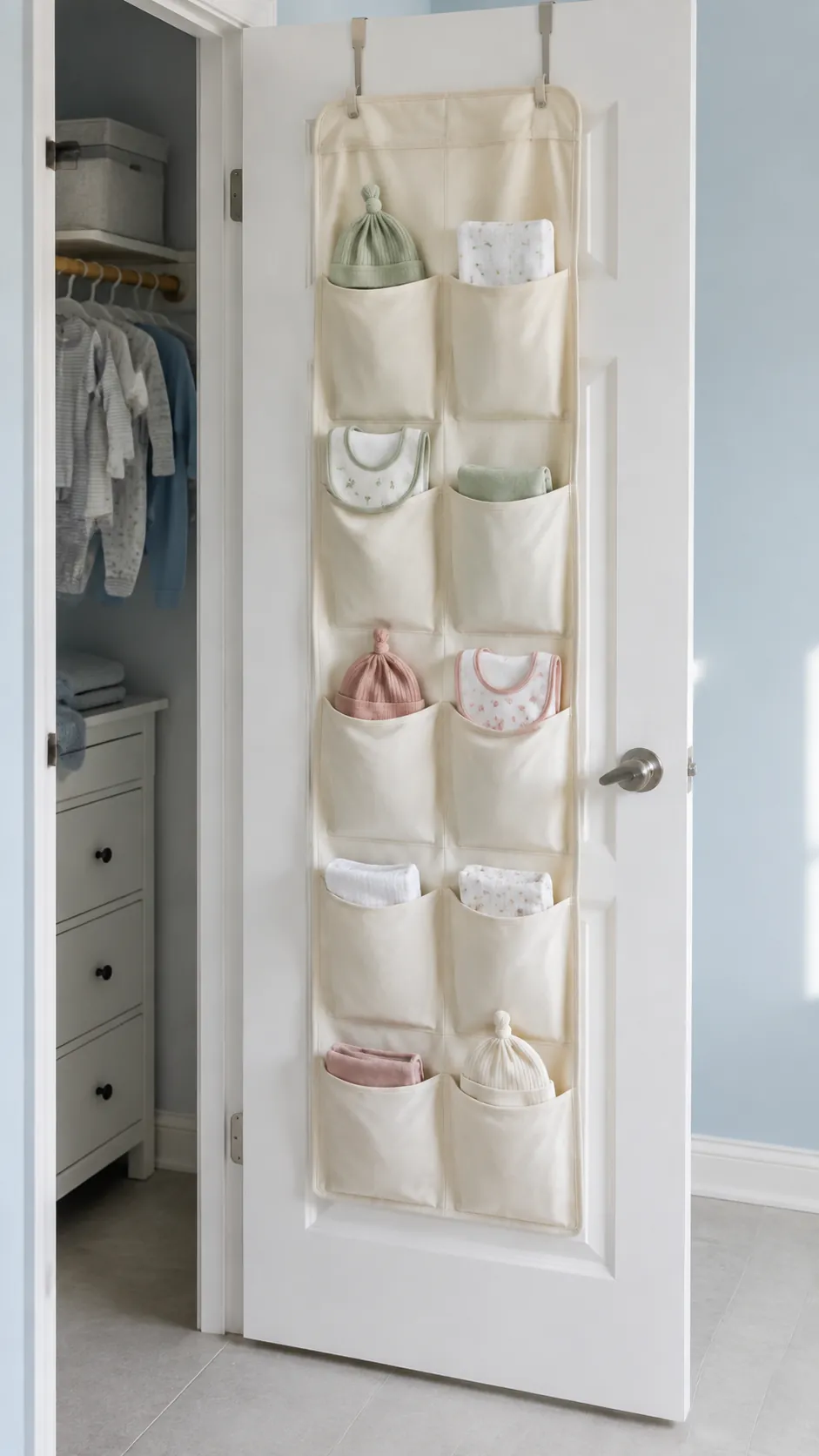 Show a slim organizer on the inside of a nursery closet door holding only lightweight soft accessories