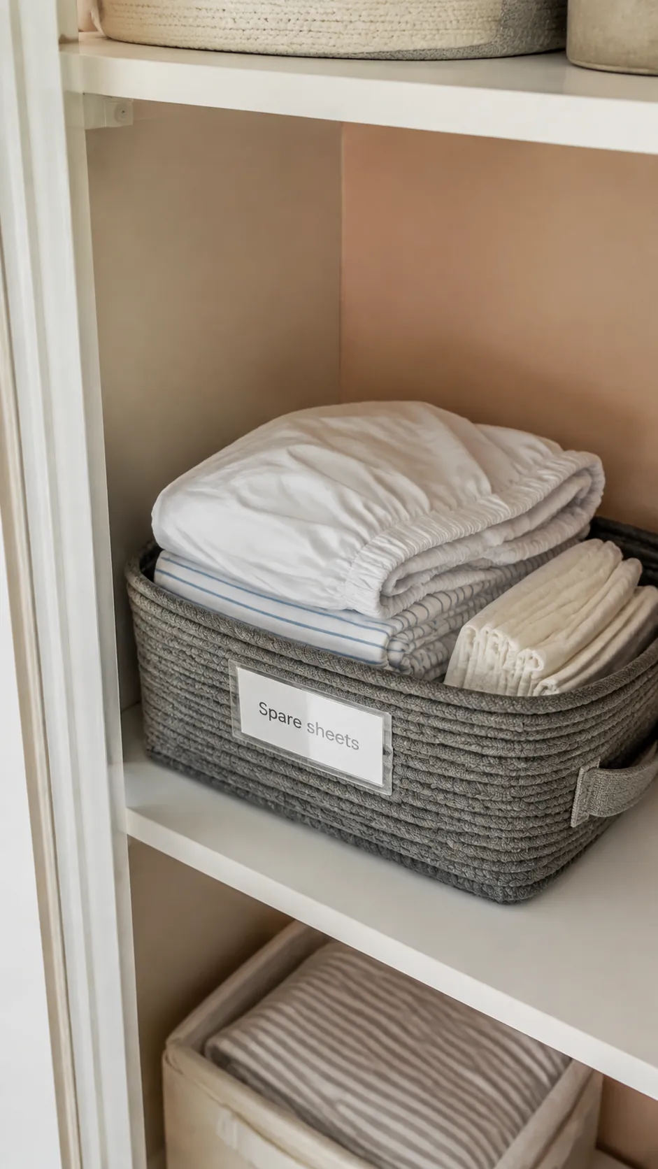 Show spare nursery linens stored together in one clearly defined shelf bin, so a clean fitted sheet is easy to retrieve