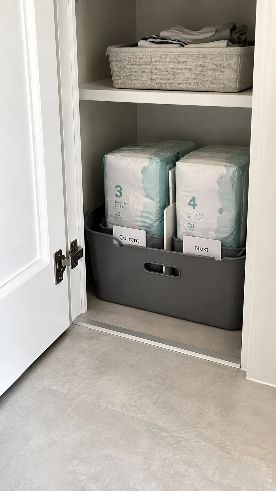 Show unopened diaper refills stored in a low nursery closet zone, separate from the small amount used at the changing station