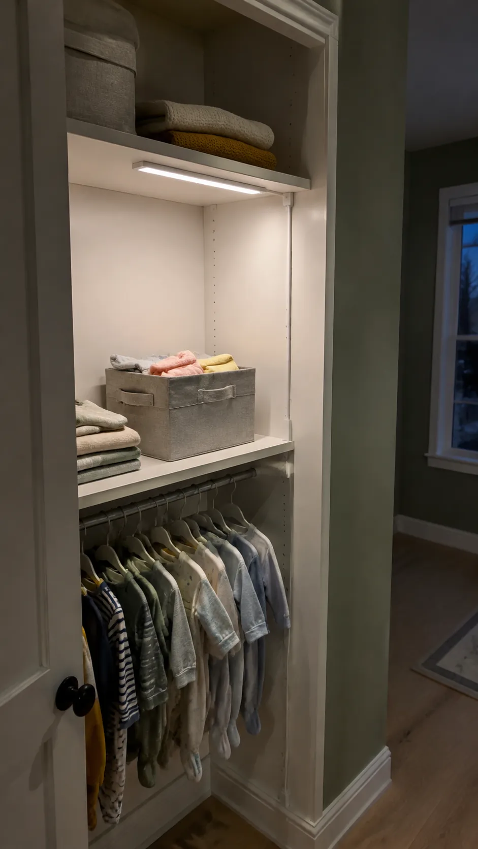 Show a securely installed closet light revealing the back of a small nursery storage area