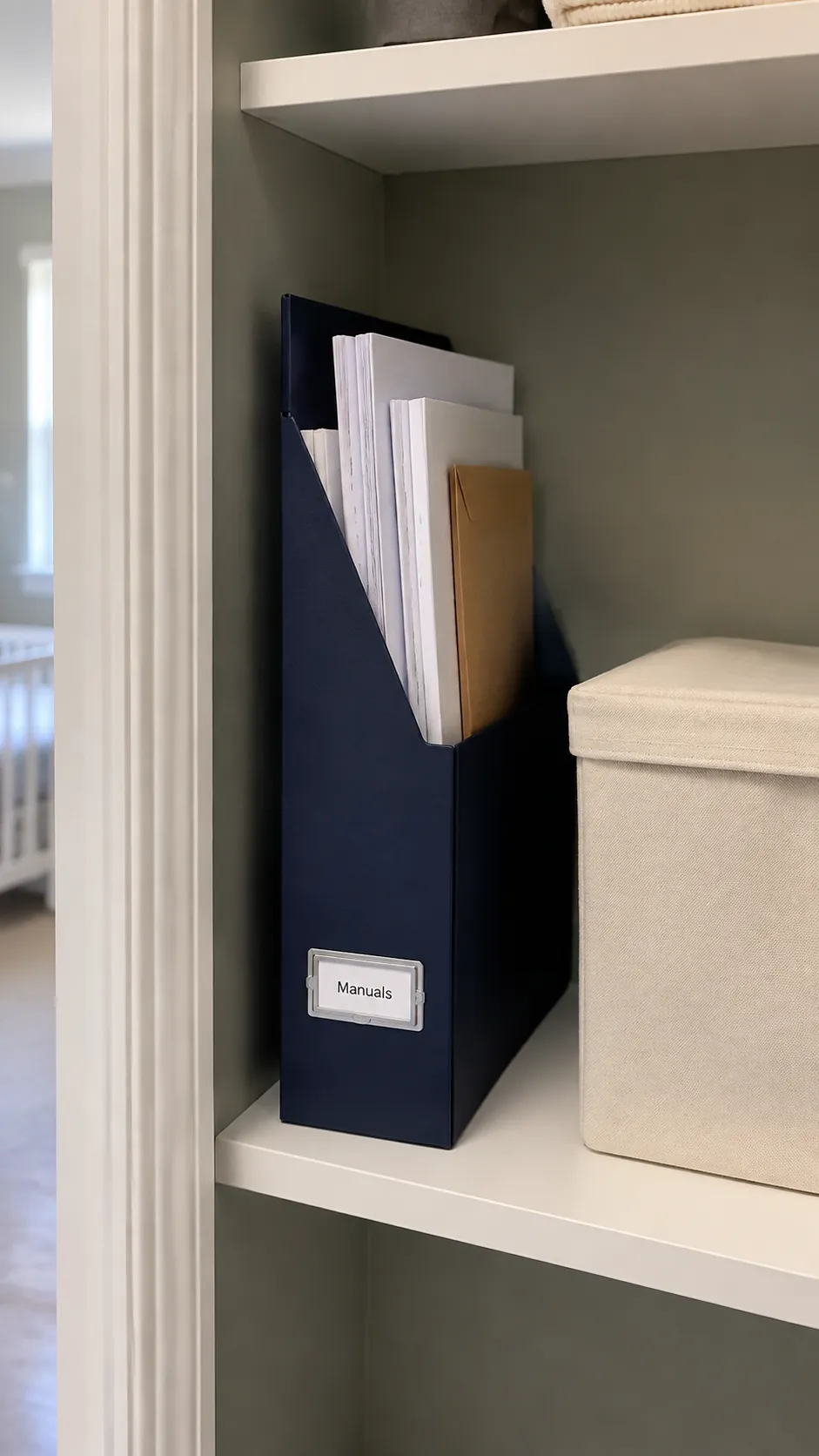 Photograph a slim document file storing baby equipment manuals upright on a nursery closet shelf