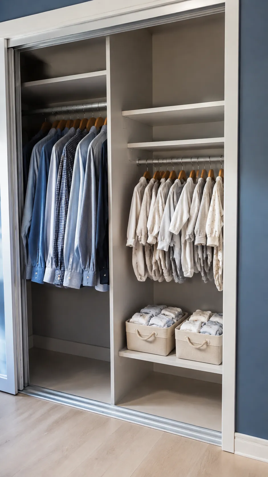 Show a small shared closet divided into distinct adult and baby zones, making limited nursery storage boundaries easy to understand