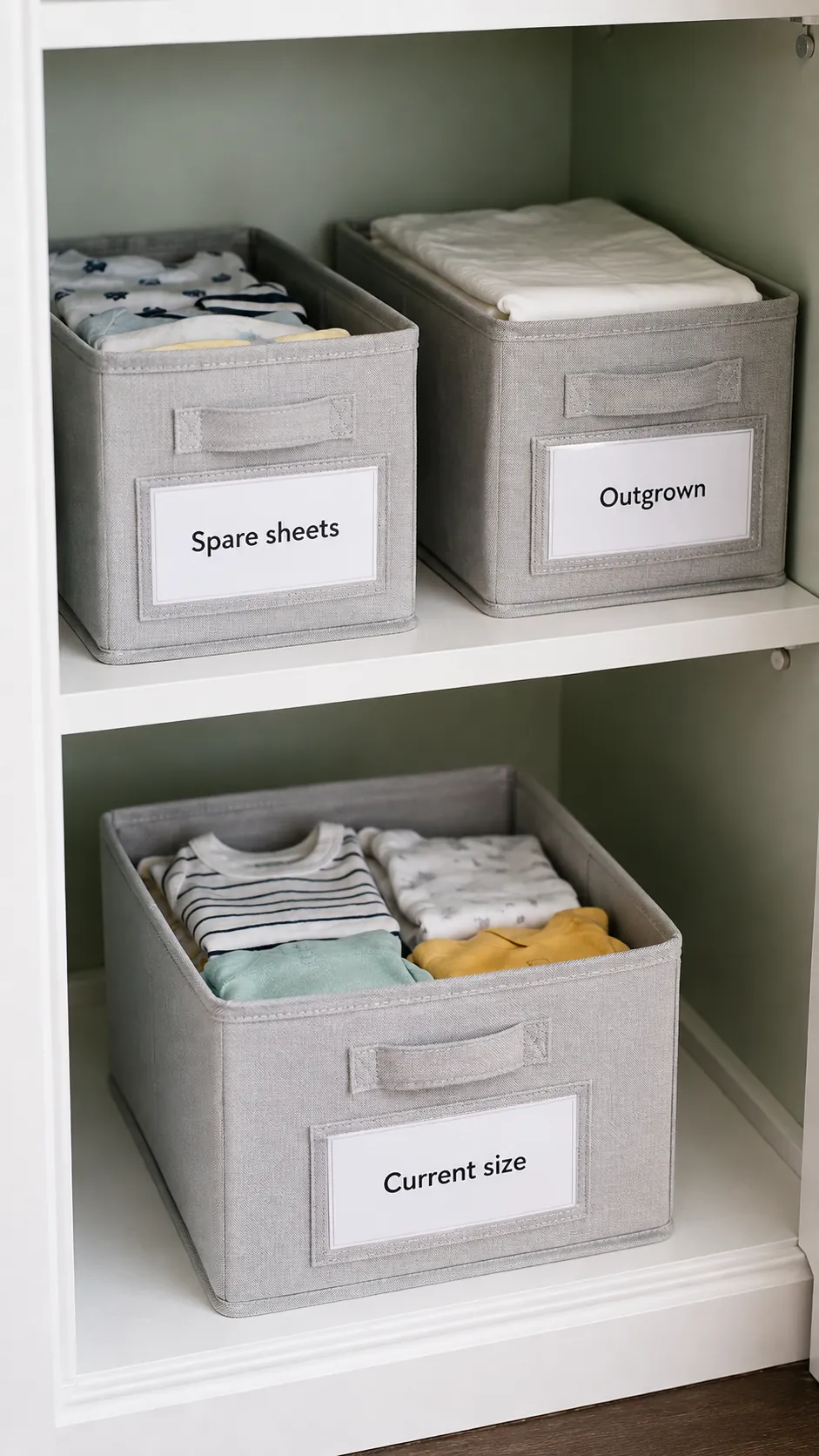 Photograph simple front facing labels that make a nursery closet understandable to more than one caregiver
