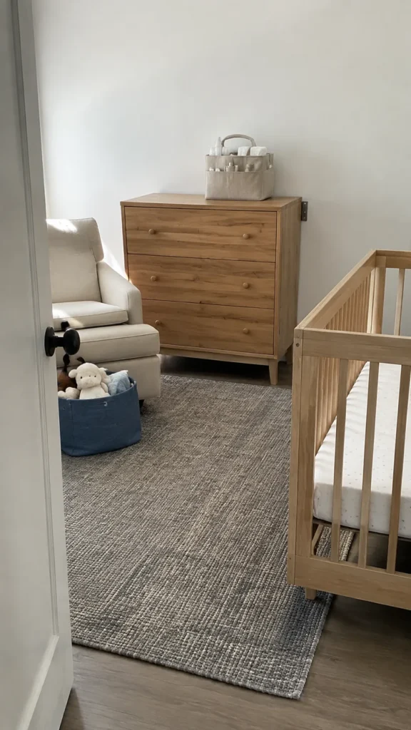 Small nursery with an oak dresser, portable caddy, and soft storage basket