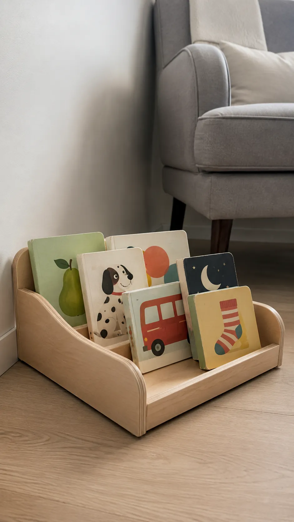 Use a low book bin for bedtime favorites