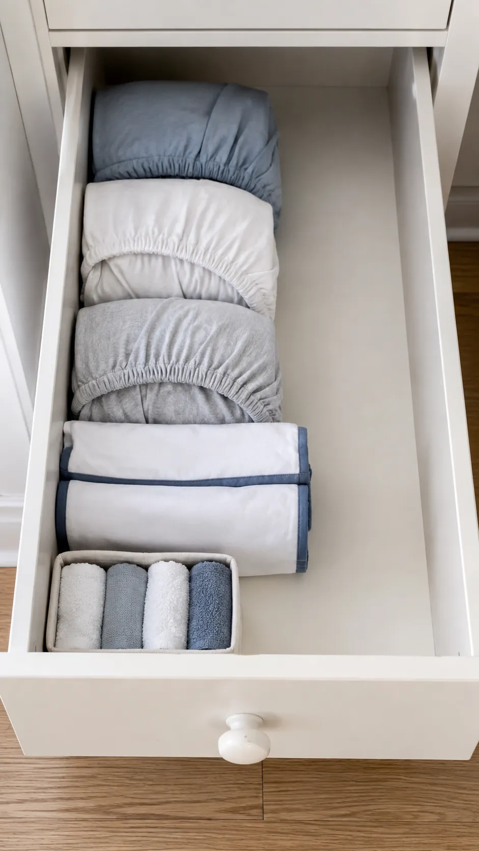 Turn a dresser drawer into a linen station
