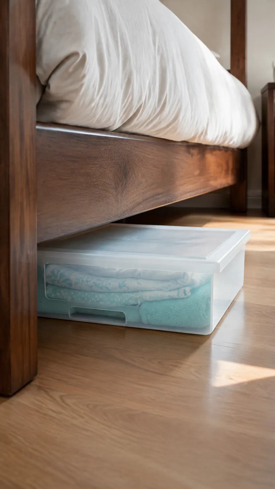 Slide shallow bins beneath adult furniture