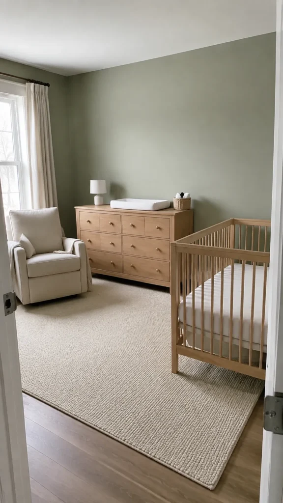 Sage green nursery with cream chair and light oak furniture