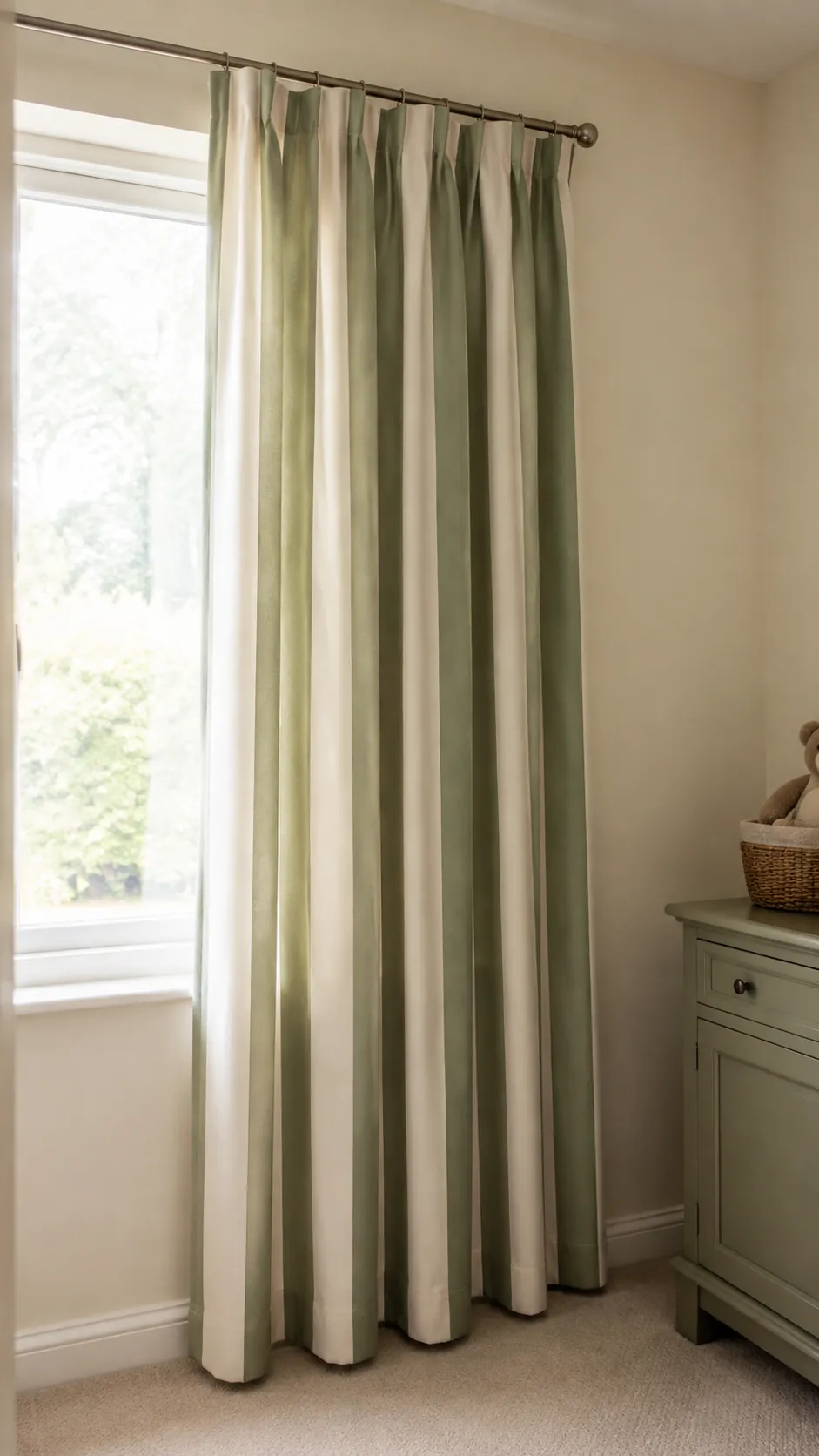 Try sage and cream stripes at the window