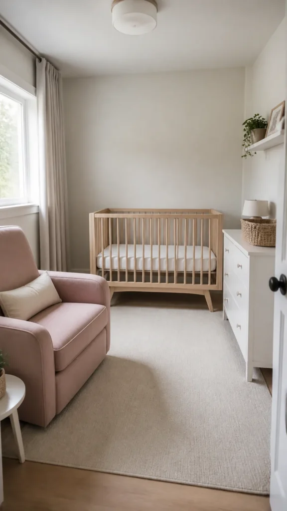Blush reading chair with ivory textiles in a warm white nursery