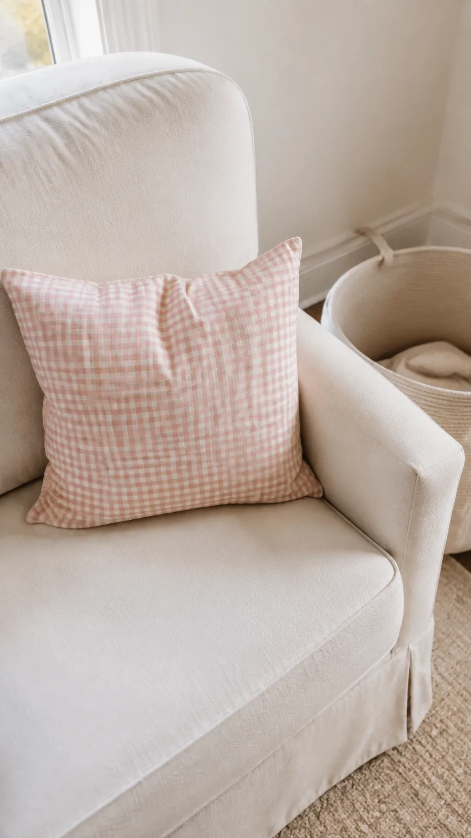 Add a fine blush check to one fabric